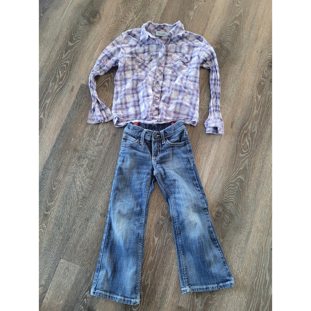 Wrangler Girls Purple Plaid Western Snap Shirt and Bootcut Jeans Set Size 5 #6